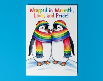 Handmade LGBTQ+ penguins are in love Wrapped in Warmth Love, and Pride Card Funny Animal Card Animal Lovers Premium Greeting Card & Envelope