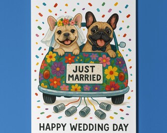 Dog Breeds Collection - French Bulldog Dogs Duo - Happy Wedding Day Card - Funny Animal  Premium Greeting Card  Envelope - Personalised card