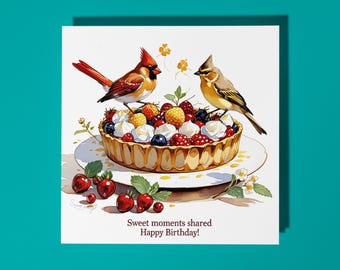 Handmade Cute little birds and Berry tart Sweet moments Happy Birthday Card Funny Animal Card Animal Lovers Premium Greeting Card & Envelope