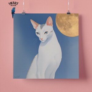 Elegante stampa artistica da parete raffigurante un gatto orientale bianco, regalo perfetto per gli amanti degli animali, 295 mm x 295 mm, carta opaca da 300 g/m², senza cornice
