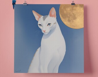Elegant White Oriental Cat  Pet Portrait Wall Art Print, Perfect Gift for Pet Lovers, 295mm x 295mm, 300GSM Matte Paper, Unframed