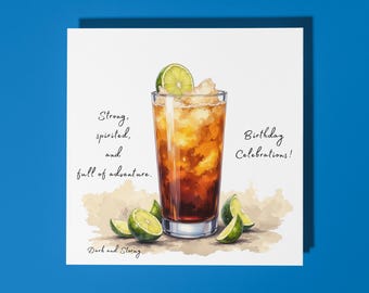 Handmade Dark and Stormy cocktail - Strong, spirited, and full of adventure - Happy Birthday Card Premium Greeting Card & Envelope