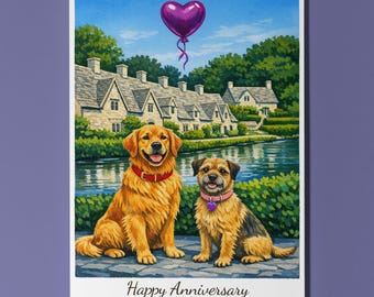 Cotswolds - Bibury Golden Retriever Border Terrier Dogs Happy Anniversary Card & Envelope Funny Breeds Premium Personalised Couples Spouses