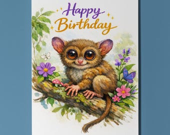 Animal Hugs Series The Tarsier Gaze Happy Birthday Card Premium Greeting Card Envelope Personalised jungle big eyes cute animal portrait