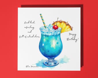 Handmade Blue Hawaiian cocktail  - Laid-back, refreshing, and full of island charm - Happy Birthday Card - Premium Greeting Card & Envelope