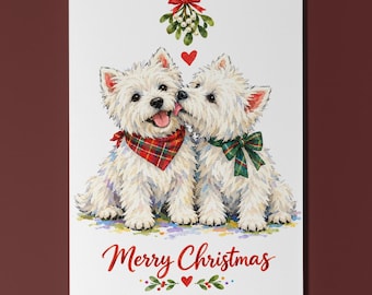 Westie Christmas Card, Mistletoe Dog Pair, Personalised