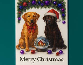 Labrador Dogs Duo - Cozy Nose & Snow Globe Merry Christmas Card - Funny Dogs - Dog Breeds - Premium Greeting Card and Envelope Personalised