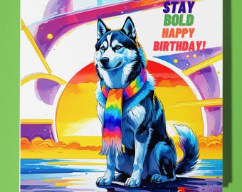 Husky dog LGBTQ+ Happy Birthday Card - Funny Animal - Premium Greeting Card & Envelope - Personalised Dog card - Friend