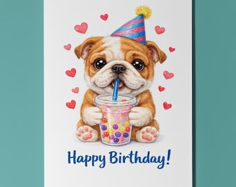 Kawaii Art Series Bulldog puppy: Sweet Boba Sip Bubble Tea Happy Birthday Card Premium Greeting Card Envelope Personalised  Dog Breeds
