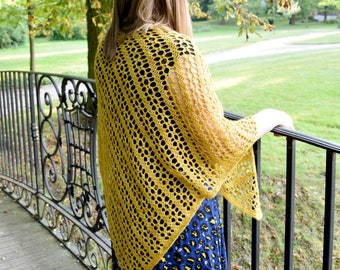 Goldenrod Crochet Triangle Shawl instant download PDF pattern lace modern elegant bottom-up summer spring shawl stitch chart US terms