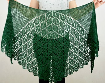 Crochet Serrate Shawl instant download PDF pattern lace elegant leaves motif crescent shawl wrap US terms