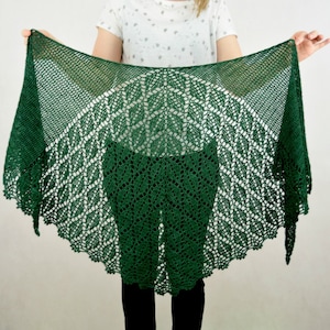 Crochet Serrate Shawl instant download PDF pattern lace elegant leaves motif crescent shawl wrap US terms