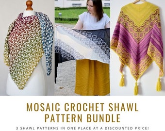 MyCrochetory mosaic crochet shawl pattern BUNDLE PDF discount Carina Mosaic Shawl Crax Gradient Shawl Monochrome Bias Wrap US terms