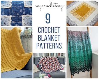 May include: Nine crochet blanket patterns showcasing a variety of styles and colours. The patterns include a blue and white geometric design, a yellow cable knit blanket, a yellow and grey geometric design, a green and purple ombre design, a colourful square design, and more.