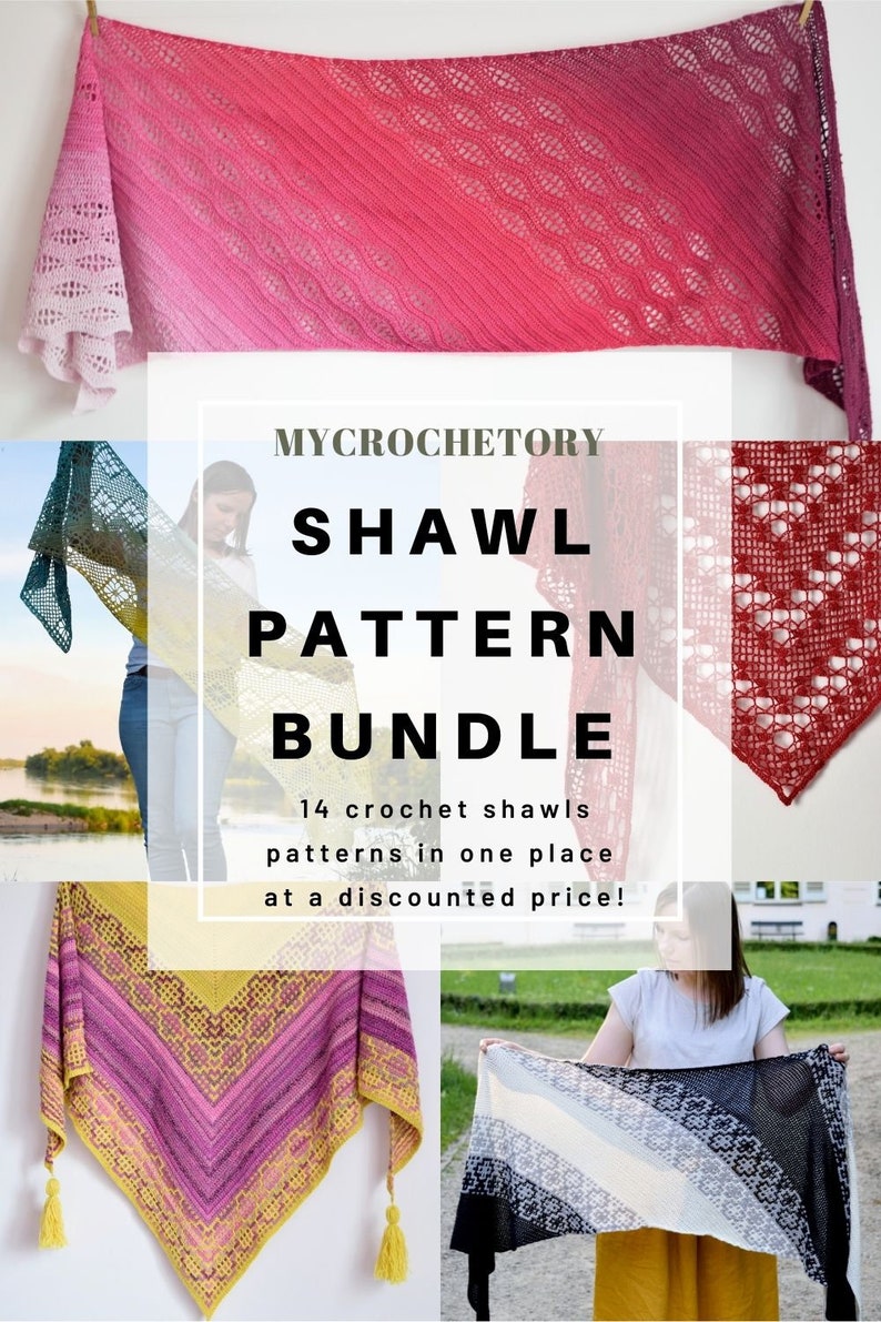 MyCrochetory shawl pattern BUNDLE 14 crochet shawl patterns PDF printable patterns triangles rectangles, parallelograms, discount US terms image 1