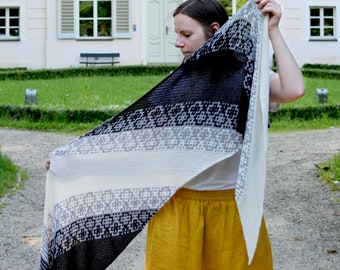 Monochrome Bias Crochet Wrap instant download PDF pattern modern elegant crochet on the bias shawl stylish mosaic crochet colorwork US terms