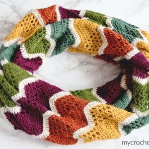 MyCrochetory による HAVRA かぎ針編みインフィニティ スカーフ、PDF パターン、即時ダウンロード、かぎ針編みインフィニティ スカーフ、シェブロン、リップル、ウェーブ、ジグザグ