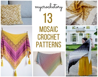 Mosaic Crochet Pattern BUNDLE - 13 Unique Designs for Shawls, Wraps, Pillows, Blankets, Hat, Cowls, Sweater and Cardigan