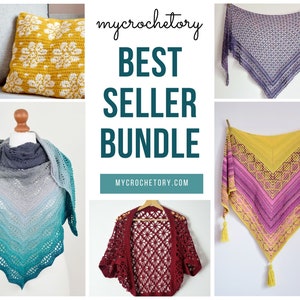 May include: A collage of crocheted items, including a pillow, a shawl, a cardigan, and a scarf. The text "mycrochetory BEST SELLER BUNDLE MYCROCHETORY.COM" is displayed in the center of the image.