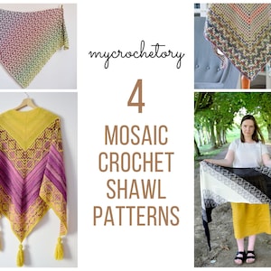 Mosaic Crochet Shawl Pattern Bundle: 4 Unique Designs with Step-by-Step Tutorials PDF Downloads for Ad-Free Printing image 1
