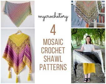 Pacote de padrões de xale de crochê em mosaico: 4 designs exclusivos com tutoriais passo a passo - downloads de PDF para impressão sem anúncios!