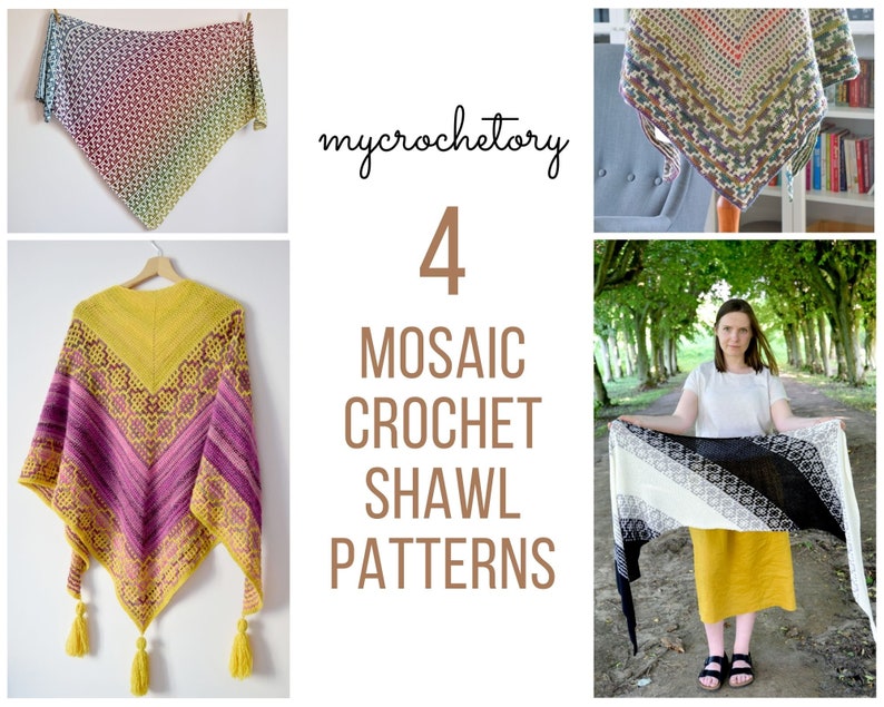 Mosaic Crochet Shawl Pattern Bundle: 4 Unique Designs with Step-by-Step Tutorials PDF Downloads for Ad-Free Printing image 1