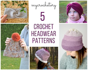 Pacote de padrões de chapéu de crochê: 5 PDFs de chapéu e faixa de cabeça elegantes e aconchegantes - para impressão, sem anúncios, perfeito para artesanato de inverno