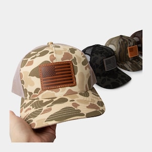 Benutzerdefinierte amerikanische Flagge Leder Patch Hüte | Richardson 112PFP Camo Hat |Handgefertigter Deboss USA Leder Patch Hut