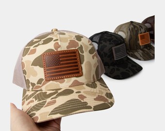 Custom American Flag Leather Patch Hats | Richardson 112PFP Camo Hats |Handmade Deboss USA Leather Patch Hat