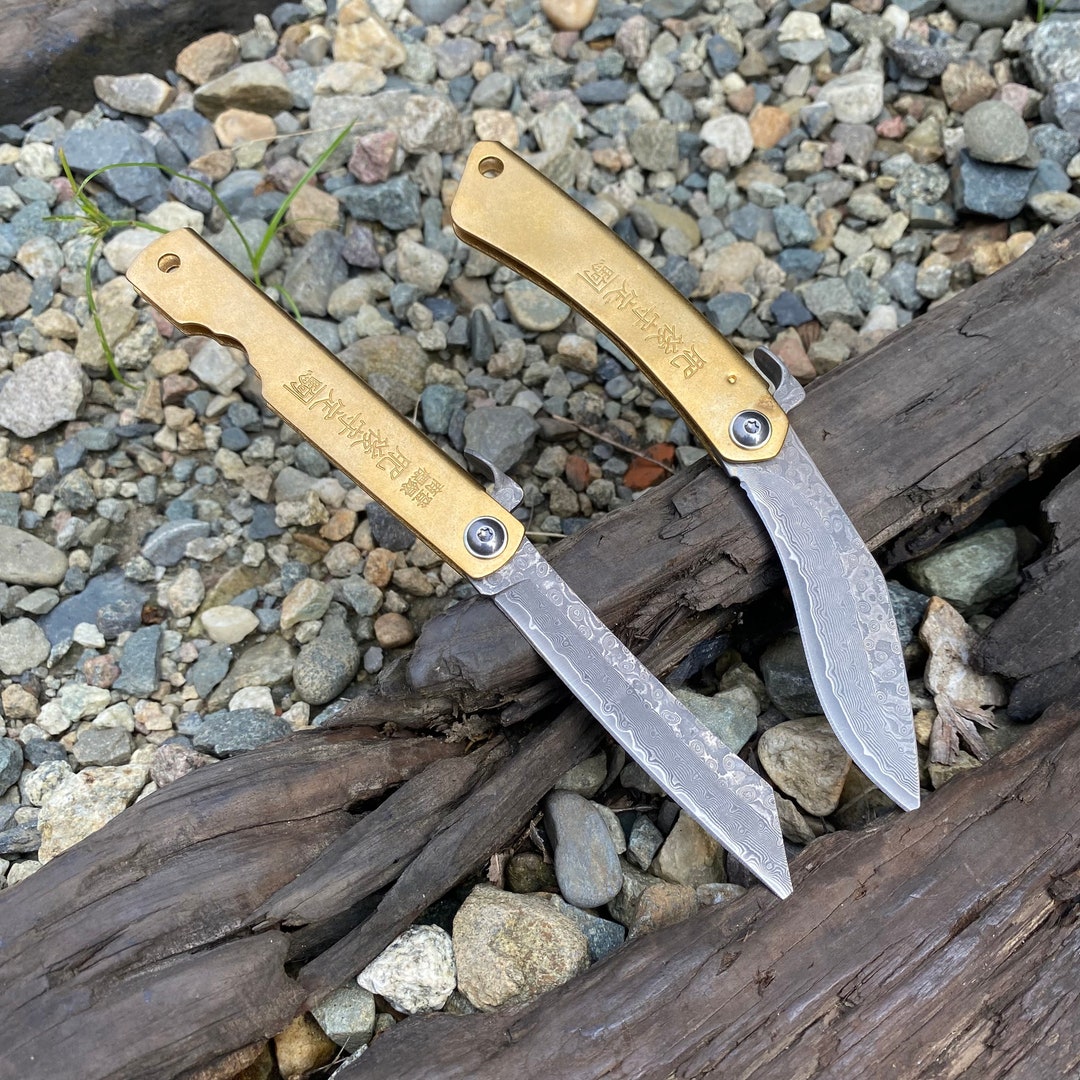 EDC Damascus Brass Handle Knife Portable Pocket Knife Etsy