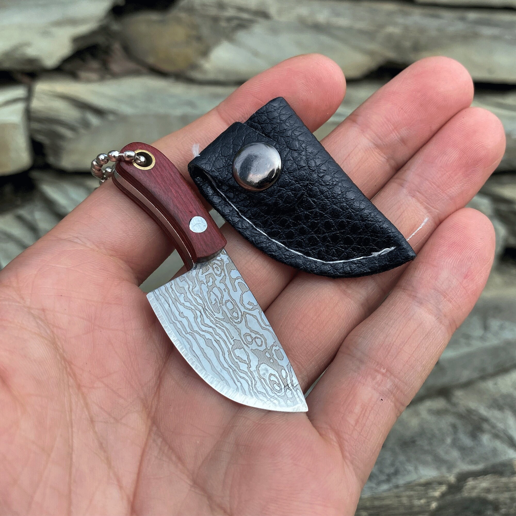 Handmade Portable Knife Mini Kitchen Knife Damascus Steel Small Knife Box  Package Opener Pendant With Leather Sheath Cool Pendant 