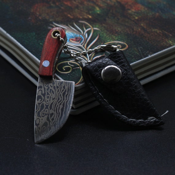 Handmade Portable Knife Mini Kitchen Knife Damascus Steel Small Knife Box  Package Opener Pendant With Leather Sheath Cool Pendant 