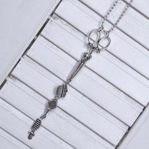 Hair Stylist Scissors Charm Necklace with Floral Comb Barrette, Mirror and Comb