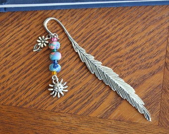 Antiqued Silver Feather Bookmark with Sun and Flower Charms