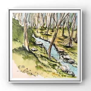 May include: A watercolor painting of a stream flowing through a forest. The stream is a light blue color and the trees are a light green color. The painting is framed in a white frame.