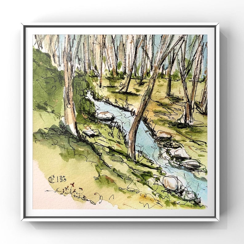 May include: A watercolor painting of a stream flowing through a forest. The stream is a light blue color and the trees are a light green color. The painting is framed in a white frame.