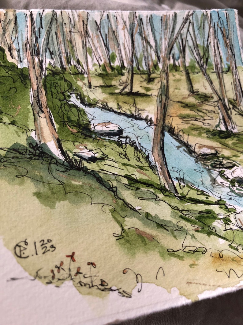 May include: Watercolor painting of a stream flowing through a forest. The stream is light blue and the trees are brown with green foliage. The painting is signed with the date "6.1.23".
