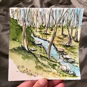 May include: Watercolor painting of a stream flowing through a forest. The stream is a light blue color and the trees are brown with green foliage. The painting is done in a loose, impressionistic style.