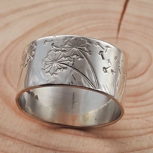 Highly detailed Dandelion ring with the clocks flying away, Dandelions all the way around the band handmade from recycled silver make a wish