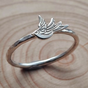 Cute flying swallow stacking ring handmade from recycled silver, made in UK, swallow jewellery, rockability, vintage swallow