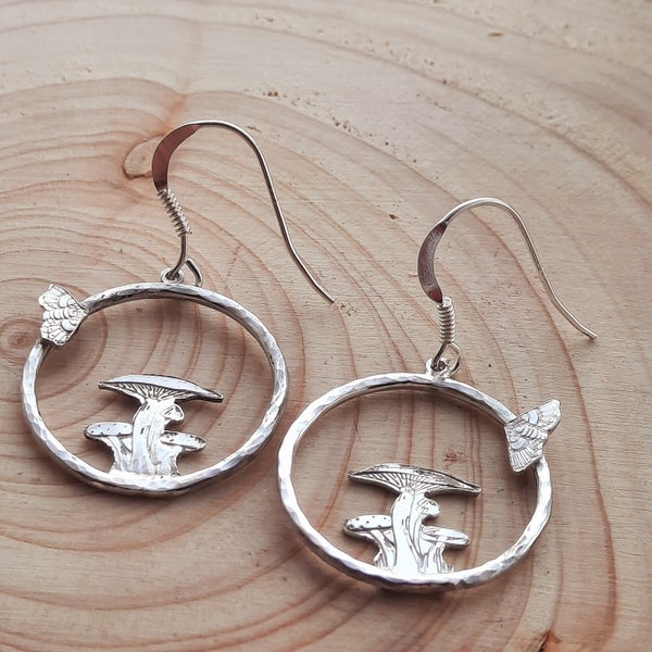 Mushroom patch hammered circle earrings handmade from recycled silver, magic, wicca, witch, shaman