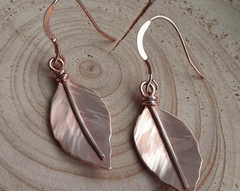 Beech leaf earrings handmade from recycled silver with 9ct rose gold overlay, rose gold leaf, gift for her, special gift, rare, unusual gift