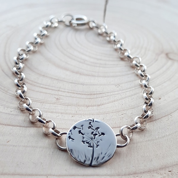 Dandelion clock bracelet with clocks flying away. Handmade from recycled silver, make a wish, gift for her