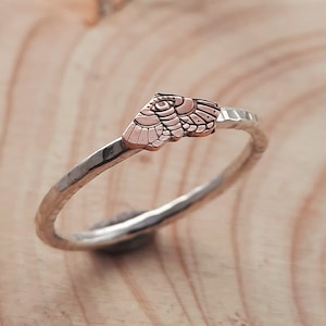 Very cute copper moth and hammered silver stacking ring, handmade from recycled silver