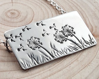 Dandelion necklace with the clocks flying away, handmade from recycled silver, make a wish, gift for her,