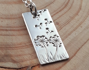 Dandelion necklace with the clocks flying away, handmade from recycled silver, make a wish, gift for her