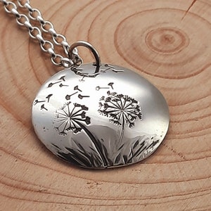 Dandelion silver handmade necklace, dandelion clock with seeds flying away, gift for her, make a wish, handmade from recycled silver