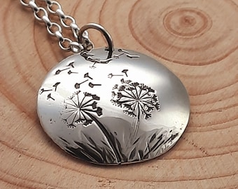 Dandelion silver handmade necklace, dandelion clock with seeds flying away, gift for her, make a wish, handmade from recycled silver