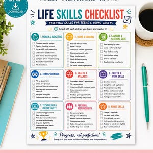 May include: A printable Life Skills Checklist for teens and young adults featuring nine categories including money, cooking, laundry, transportation, health, career, technology, personal responsibility, and bonus skills with checkboxes for tracking progress.