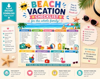 Checklista för strandsemester för hela familjen, utskrivbar semesterplanering